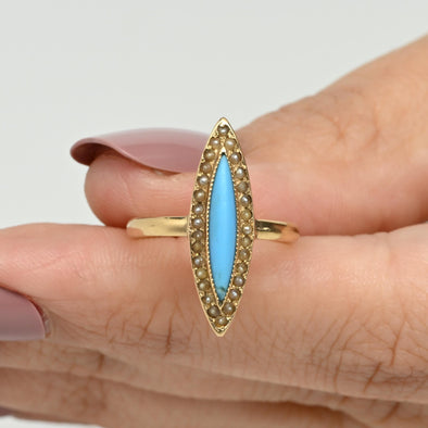 Vintage 14K Yellow Gold Navette Shaped Turquoise Marquise and Halo Seed Pearl