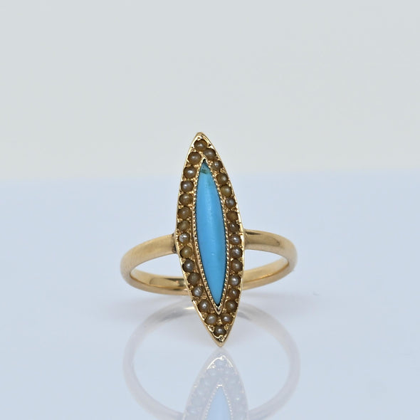 Vintage 14K Yellow Gold Navette Shaped Turquoise Marquise and Halo Seed Pearl