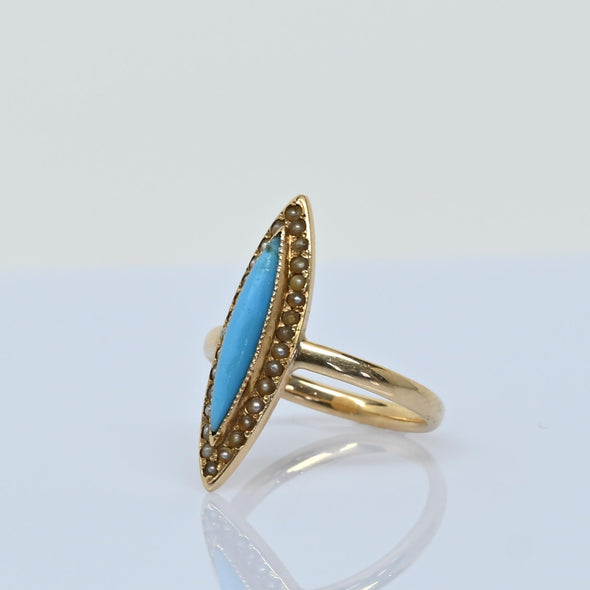 Vintage 14K Yellow Gold Navette Shaped Turquoise Marquise and Halo Seed Pearl