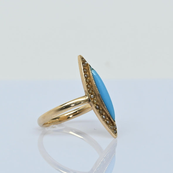 Vintage 14K Yellow Gold Navette Shaped Turquoise Marquise and Halo Seed Pearl