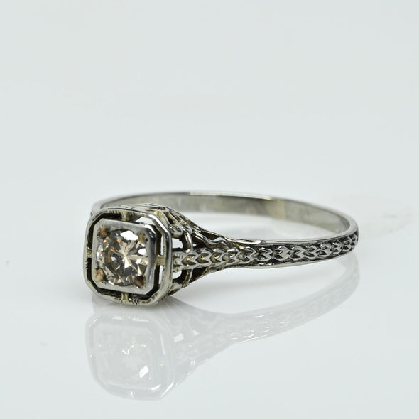 Art Deco Filigree 1/4ct OId European Cut Diamond 18k White Gold Engagement Ring