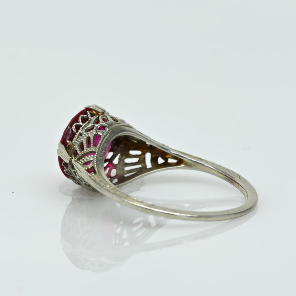 Art Deco 14K White Gold Filigree Open Work Red Gem Solitaire