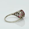 Art Deco 14K White Gold Filigree Open Work Red Gem Solitaire