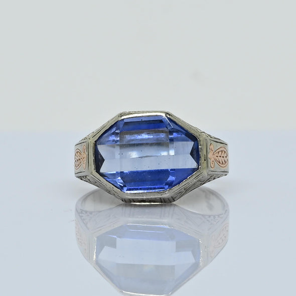 Antique Art Deco Synthetic Spinel Ring with Ccrollwork