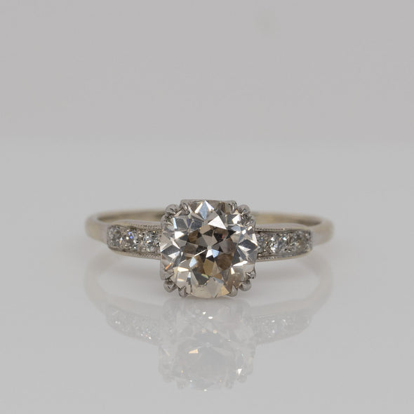 Circa 1930's Art Deco 18K White Gold Over 2Ct Old Mine Cut Diamond Ring