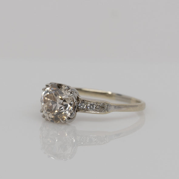 Circa 1930's Art Deco 18K White Gold Over 2Ct Old Mine Cut Diamond Ring