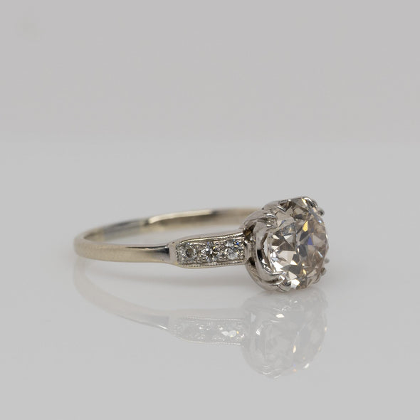 Circa 1930's Art Deco 18K White Gold Over 2Ct Old Mine Cut Diamond Ring