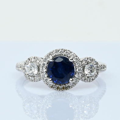 Blue Sapphire and Diamond Three Stone Halo 14k White Gold Ring