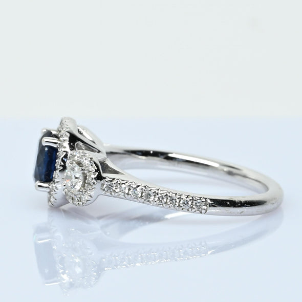 Blue Sapphire and Diamond Three Stone Halo 14k White Gold Ring