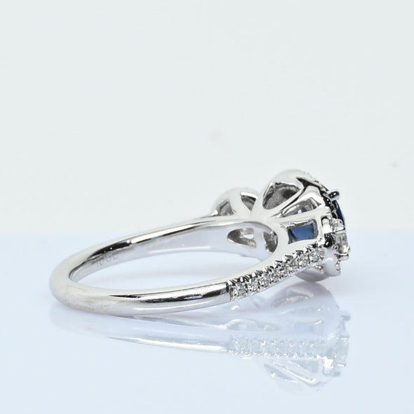 Blue Sapphire and Diamond Three Stone Halo 14k White Gold Ring