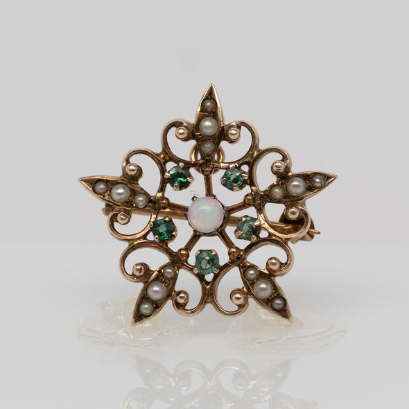 Antique Star Opal Emerald Seed Pearl Converter Brooch Pendant