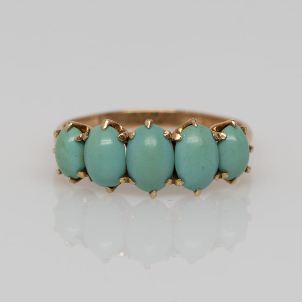 Antique Victorian Five-Stone Turquoise Ring with Talon Prongs in Yellow Gold