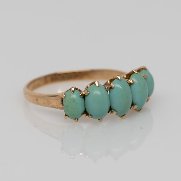 Antique Victorian Five-Stone Turquoise Ring with Talon Prongs in Yellow Gold