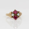 Victorian 14K Gold Ring with Princess-Cut Synthetic Rubies & Opal Accents