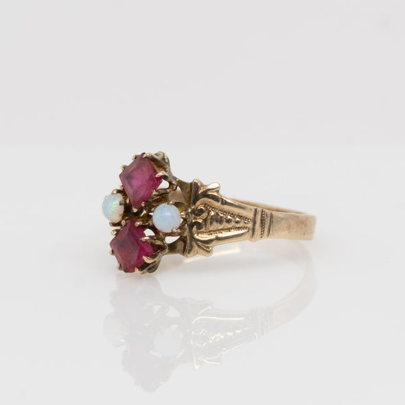 Victorian 14K Gold Ring with Princess-Cut Synthetic Rubies & Opal Accents