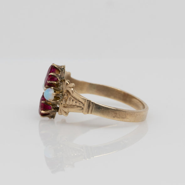 Victorian 14K Gold Ring with Princess-Cut Synthetic Rubies & Opal Accents