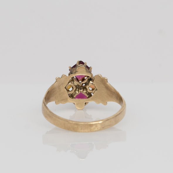 Victorian 14K Gold Ring with Princess-Cut Synthetic Rubies & Opal Accents