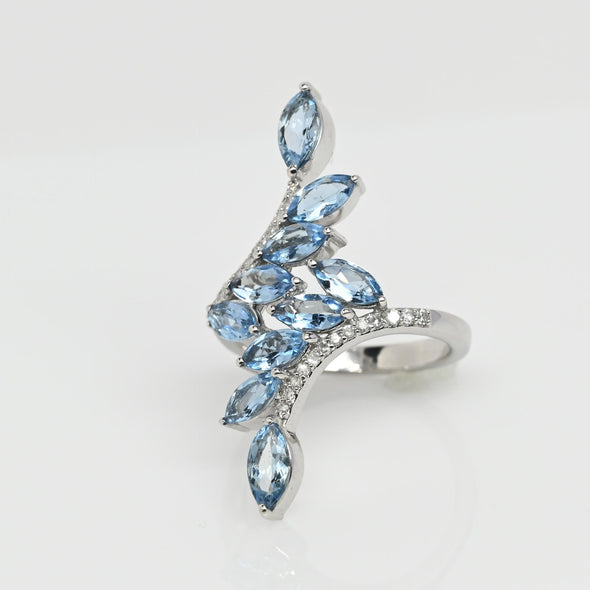 14K White Gold Aqua Floral Ring