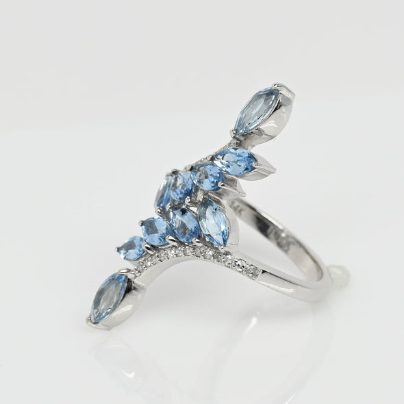 14K White Gold Aqua Floral Ring