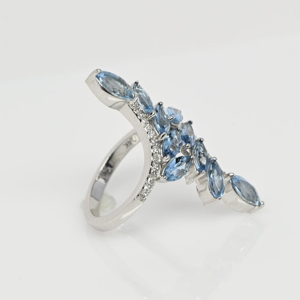 14K White Gold Aqua Floral Ring