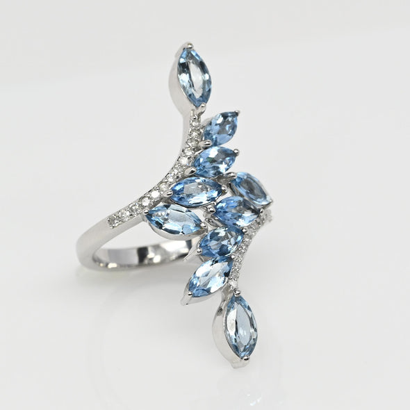 14K White Gold Aqua Floral Ring