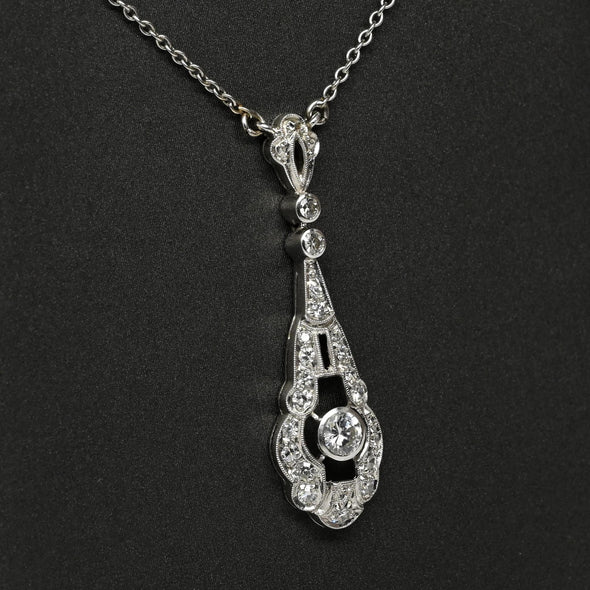 Art Deco Style Diamond Drop Pendant 18k White Gold Necklace