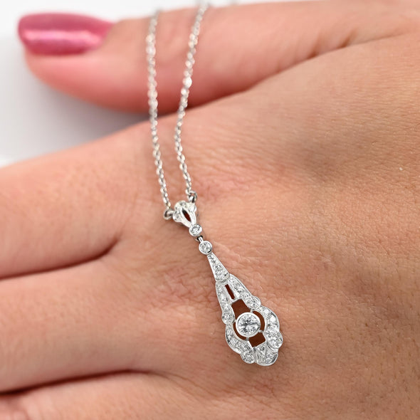 Art Deco Style Diamond Drop Pendant 18k White Gold Necklace