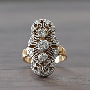 Art Deco Inspired Diamond Filigree Shield Cocktail Ring in 14K Gold