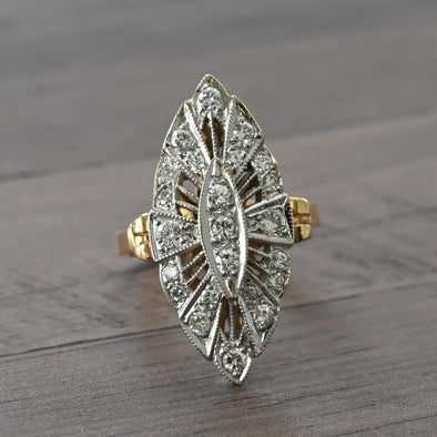 Art Deco Inspired Diamond Navette Marquise 14K Gold Cocktail Ring