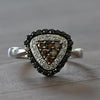 Tri Color White, Black, Brown Diamond Triangle 14k White Gold Ring