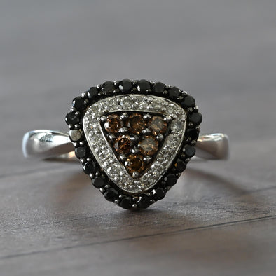 Tri Color White, Black, Brown Diamond Triangle 14k White Gold Ring