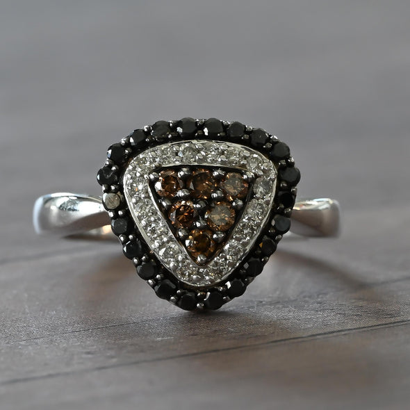 Tri Color White, Black, Brown Diamond Triangle 14k White Gold Ring