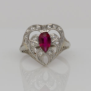 Art Deco Ruby & Diamond 14k White Gold Filigree Heart Ring