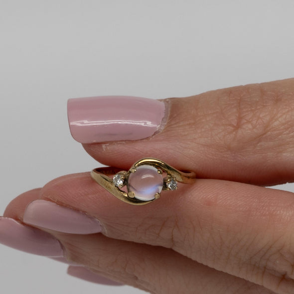 Vintage Moonstone & Diamond Bypass Yellow Gold Ring