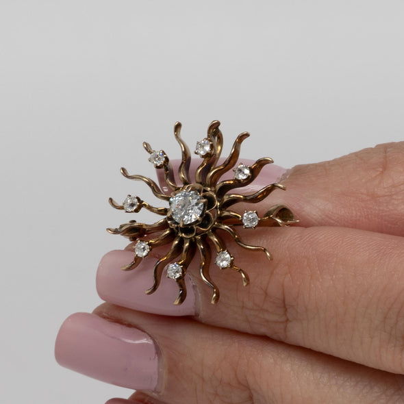 Art Deco Sun Design Convertible Pin with Old Cut Diamonds 14K