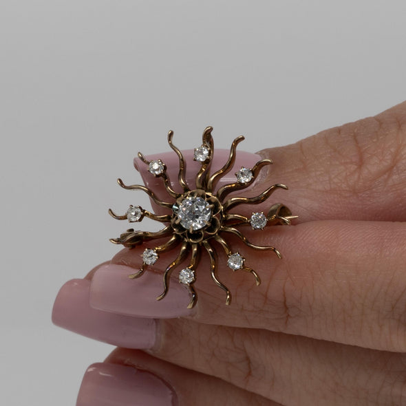 Art Deco Sun Design Convertible Pin with Old Cut Diamonds 14K