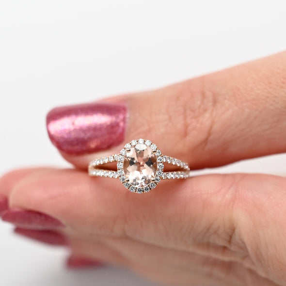 Morganite Oval Diamond Halo 14K Rose Gold Split Shank Ring