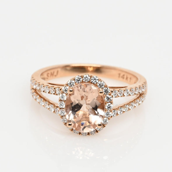 Morganite Oval Diamond Halo 14K Rose Gold Split Shank Ring