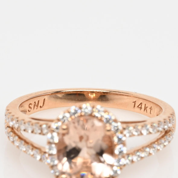 Morganite Oval Diamond Halo 14K Rose Gold Split Shank Ring