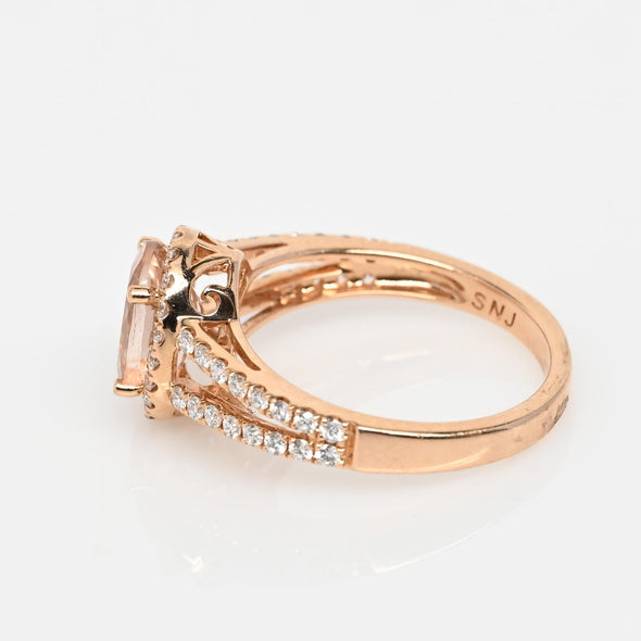 Morganite Oval Diamond Halo 14K Rose Gold Split Shank Ring