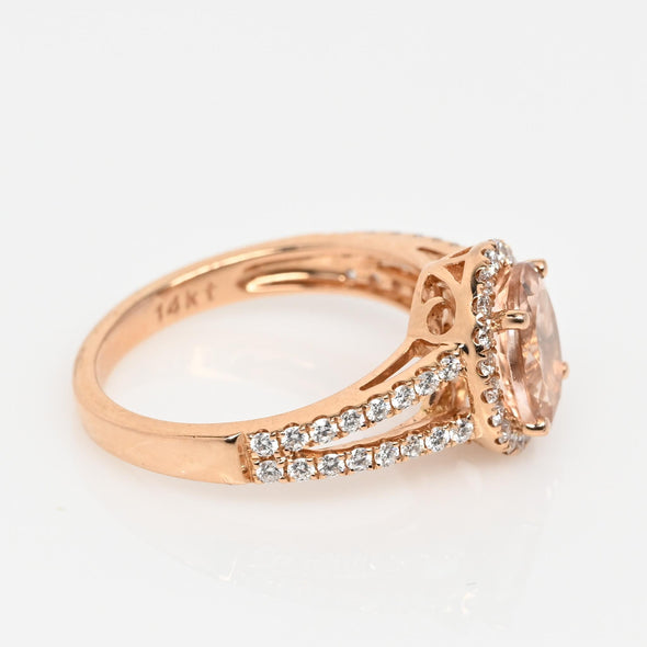 Morganite Oval Diamond Halo 14K Rose Gold Split Shank Ring