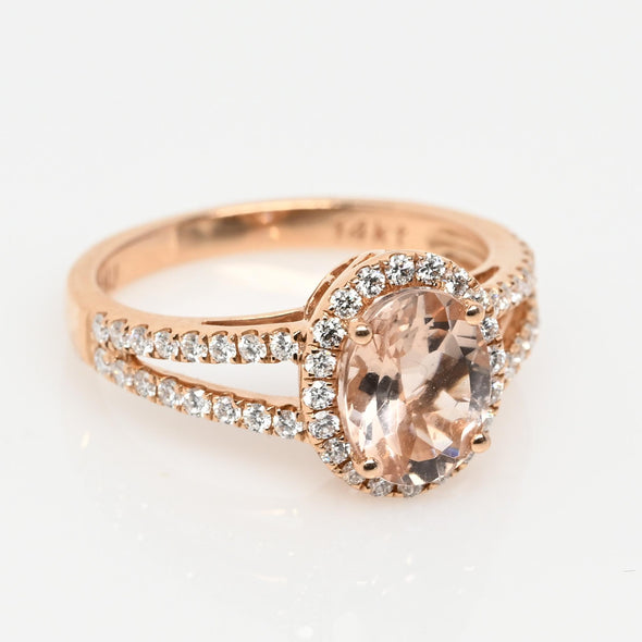 Morganite Oval Diamond Halo 14K Rose Gold Split Shank Ring