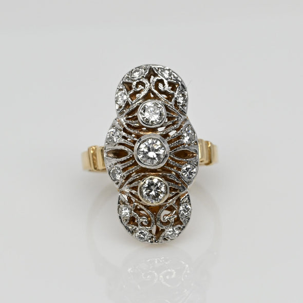 Art Deco Inspired Diamond Filigree Shield Cocktail Ring in 14K Gold