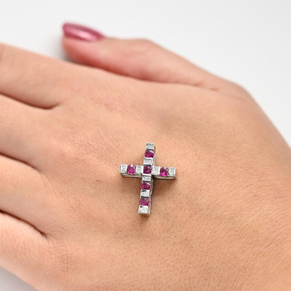 Ruby & Diamond 18k White Gold Cross Pendant