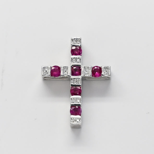 Ruby & Diamond 18k White Gold Cross Pendant