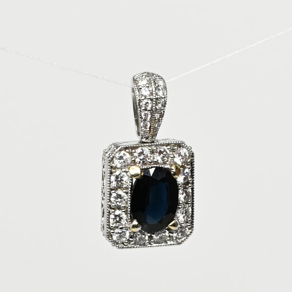 Dark Blue Sapphire Oval Diamond Halo 18k White Gold Pendant