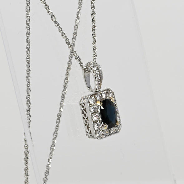 Dark Blue Sapphire Oval Diamond Halo 18k White Gold Pendant