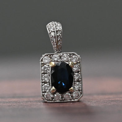 Dark Blue Sapphire Oval Diamond Halo 18k White Gold Pendant