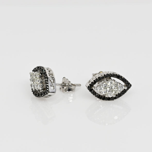 1ctw Black & White Diamond Navette / Eye 10k White Gold Earrings