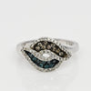 Tri Color White, Blue, Brown Diamond Bypass 14k White Gold Ring